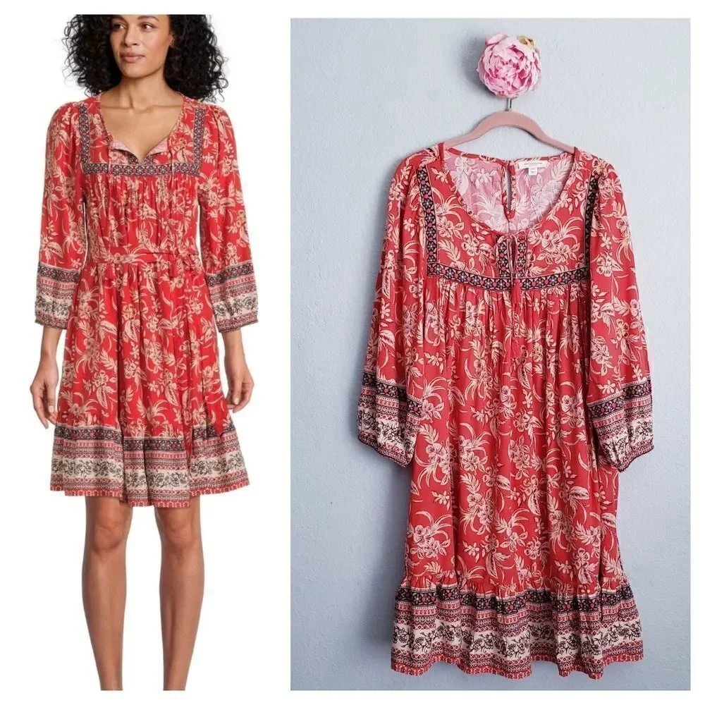 Beachlunchlounge Red Floral Bohemian Tassle Long Sleeve Dress
